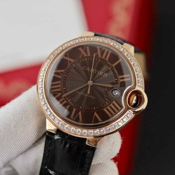 Cartier Ballon Bleu Rose Gold Grey Dial Diamond Bezel Leather Replica 42mm - Image 4