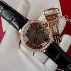Cartier Ballon Bleu Rose Gold Grey Dial Diamond Bezel Leather Replica 42mm - Image 10