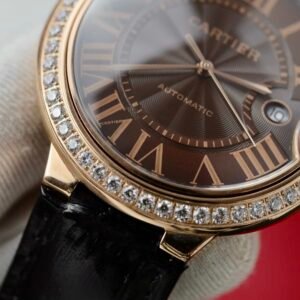 Cartier Ballon Bleu Rose Gold Grey Dial Diamond Bezel Leather Replica 42mm - Image 15