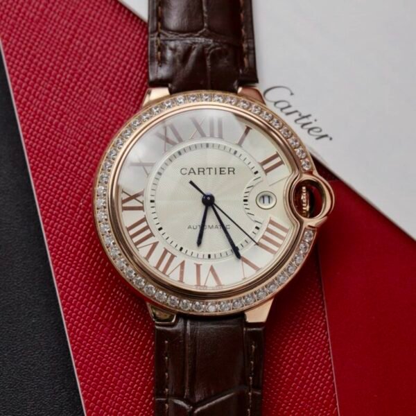 Cartier Ballon Bleu Rose Gold White Dial Diamond Bezel Leather Replica 42mm - Image 2