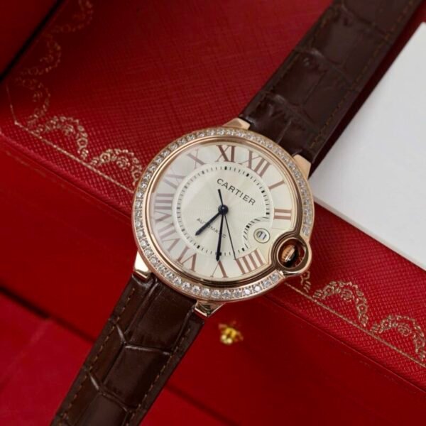 Cartier Ballon Bleu Rose Gold White Dial Diamond Bezel Leather Replica 42mm - Image 3