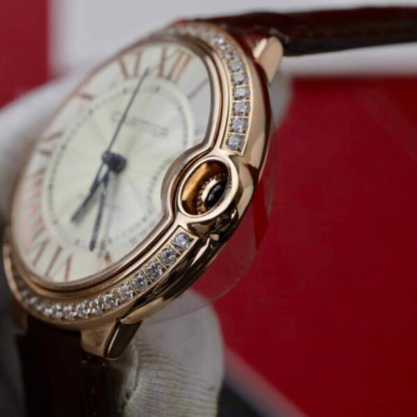 Cartier Ballon Bleu Rose Gold White Dial Diamond Bezel Leather Replica 42mm - Image 8