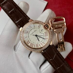 Cartier Ballon Bleu Rose Gold White Dial Diamond Bezel Leather Replica 42mm - Image 11