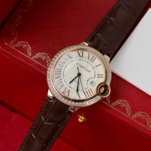 Cartier Ballon Bleu Rose Gold White Dial Diamond Bezel Leather Replica 42mm - Image 13