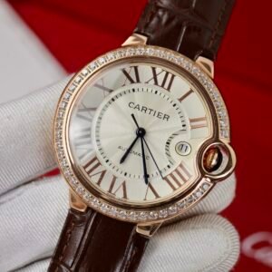 Cartier Ballon Bleu Rose Gold White Dial Diamond Bezel Leather Replica 42mm - Image 15