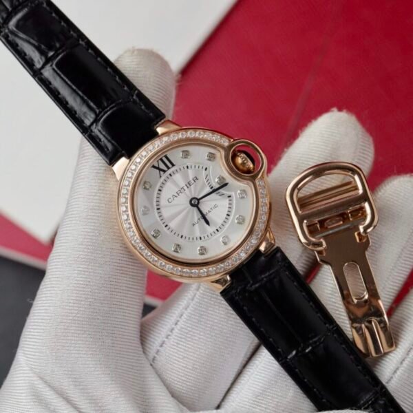 Cartier Ballon Bleu Rose Gold White Diamond Dial Diamond Bezel Leather Replica 39mm - Image 1
