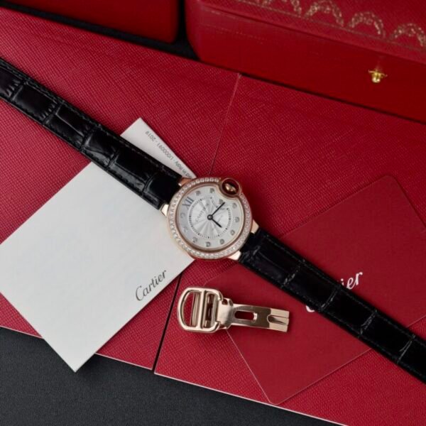 Cartier Ballon Bleu Rose Gold White Diamond Dial Diamond Bezel Leather Replica 39mm - Image 8