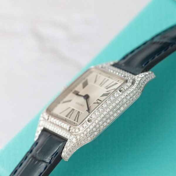 Cartier Santos Dumont Steel Silver Dial Custom Moissanite Case Leather Strap Replica BVF 38mm x 27.5mm - Image 4