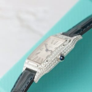 Cartier Santos Dumont Steel Silver Dial Custom Moissanite Case Leather Strap Replica BVF 38mm x 27.5mm - Image 12