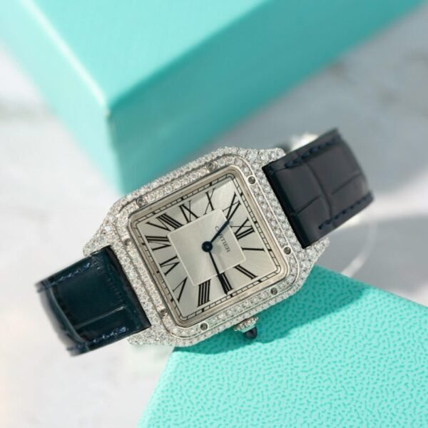 Cartier Santos Dumont Steel Silver Dial Custom Moissanite Case Leather Strap Replica BVF 38mm x 27.5mm - Image 1