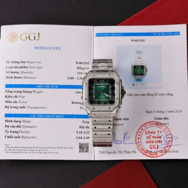Cartier Santos Green Dial Large Model Custom Moissanite Bezel Best Clone BVF 39.8mm - Image 1