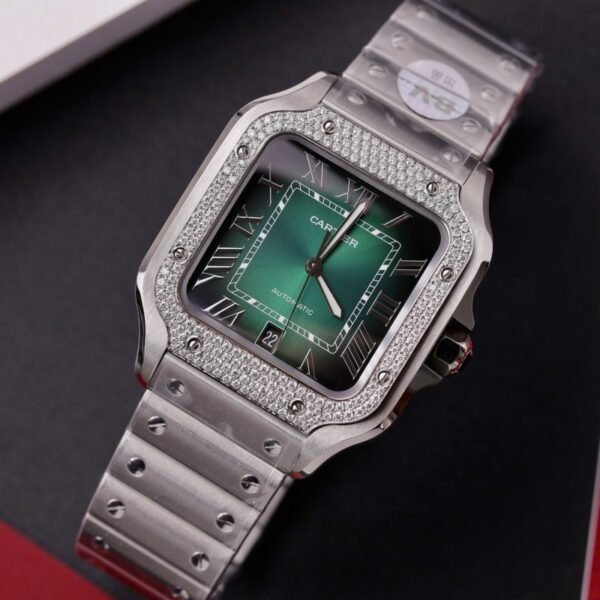 Cartier Santos Green Dial Large Model Custom Moissanite Bezel Best Clone BVF 39.8mm - Image 3