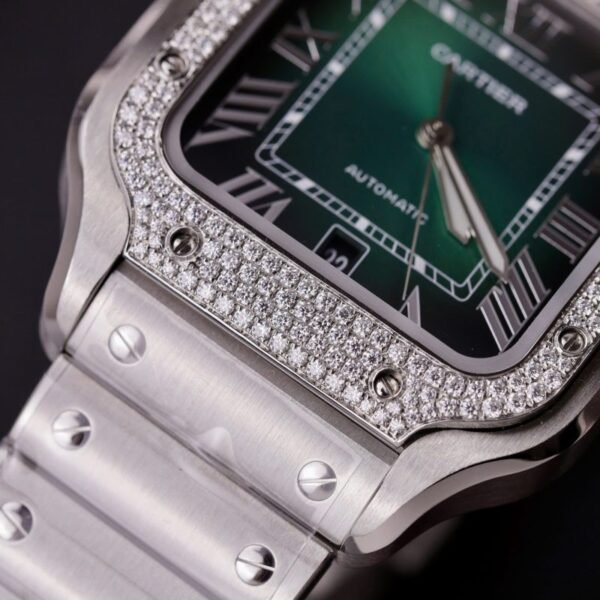 Cartier Santos Green Dial Large Model Custom Moissanite Bezel Best Clone BVF 39.8mm - Image 8