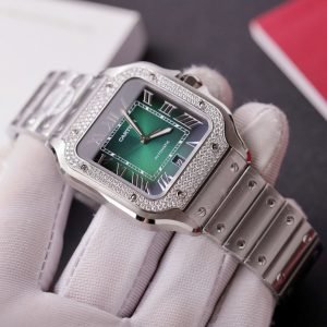 Cartier Santos Green Dial Large Model Custom Moissanite Bezel Best Clone BVF 39.8mm - Image 14