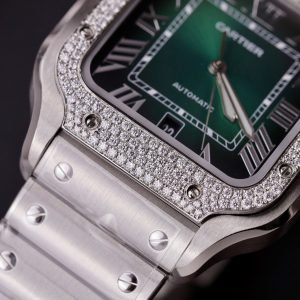 Cartier Santos Green Dial Large Model Custom Moissanite Bezel Best Clone BVF 39.8mm - Image 18