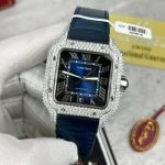 Cartier Santos Large Model Blue Dial Custom Moissanite Case Leather Strap 39.8mm - Image 12