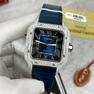 Cartier Santos Large Model Blue Dial Custom Moissanite Case Leather Strap 39.8mm - Image 12
