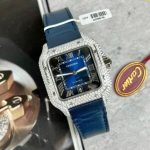 Cartier Santos Large Model Blue Dial Custom Moissanite Case Leather Strap 39.8mm - Image 13