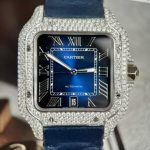 Cartier Santos Large Model Blue Dial Custom Moissanite Case Leather Strap 39.8mm - Image 14