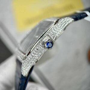 Cartier Santos Large Model Blue Dial Custom Moissanite Case Leather Strap 39.8mm - Image 17