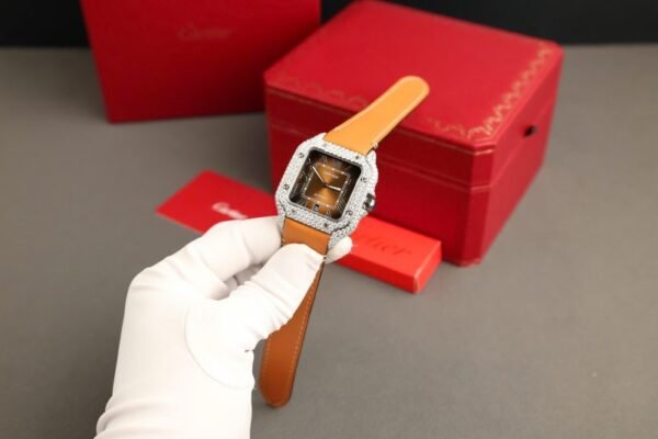 Cartier Santos Large Model Brown Dial Custom Moissanite Case Best Replica 39.8mm - Image 3
