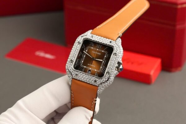 Cartier Santos Large Model Brown Dial Custom Moissanite Case Best Replica 39.8mm - Image 4
