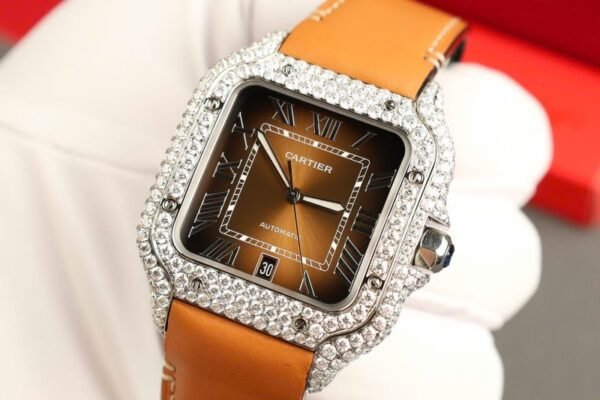 Cartier Santos Large Model Brown Dial Custom Moissanite Case Best Replica 39.8mm - Image 5