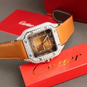 Cartier Santos Large Model Brown Dial Custom Moissanite Case Best Replica 39.8mm - Image 18