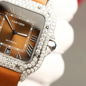 Cartier Santos Large Model Brown Dial Custom Moissanite Case Best Replica 39.8mm - Image 20