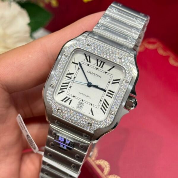 Cartier Santos Large Model White Dial Custom Moissanite Bezel Best Replica BVF 39.8mm - Image 4