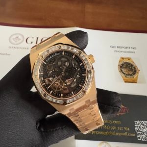Audemars Piguet Royal Oak 15412OR Open Work Skeleton 18K Rose Gold Wrapped Baguette Moissanite Bezel Clone 1:1 Best Replica 41mm - Image 3