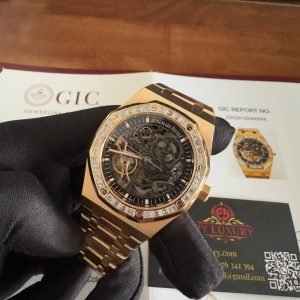 Audemars Piguet Royal Oak 15412OR Open Work Skeleton 18K Rose Gold Wrapped Baguette Moissanite Bezel Clone 1:1 Best Replica 41mm - Image 4