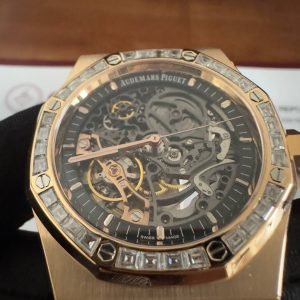 Audemars Piguet Royal Oak 15412OR Open Work Skeleton 18K Rose Gold Wrapped Baguette Moissanite Bezel Clone 1:1 Best Replica 41mm - Image 6