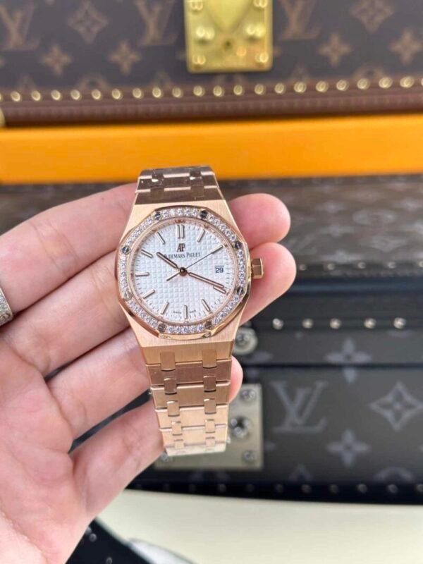 Audemars Piguet Royal Oak 77351OR Rose Gold White Dial Diamond Bezel Replica 34m - Image 1