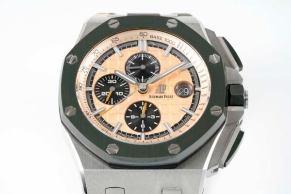 Audemars Piguet Royal Oak Offshore Chronograph 26400SO Beige Dial Green Ceramic Bezel Rubber Best Replica APF 44mm - Image 4