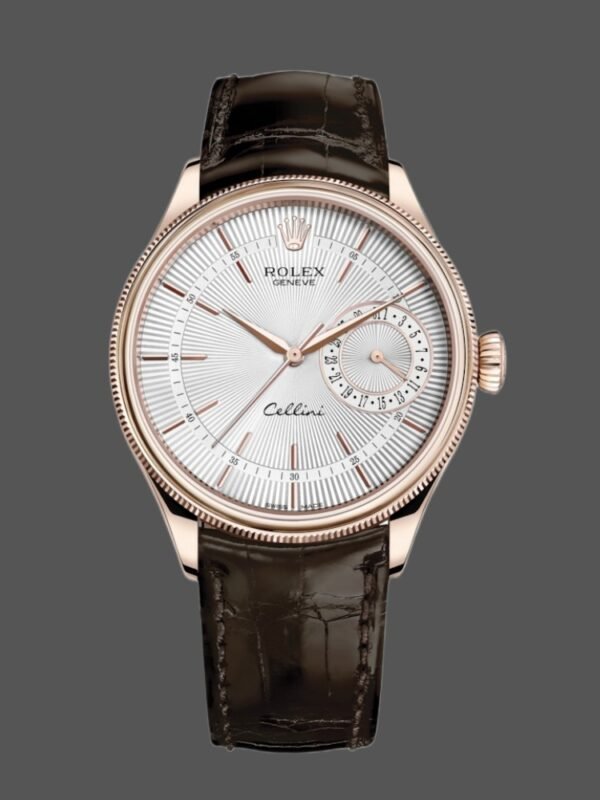 Rolex Cellini Date Rose Gold Silver Crocodile Leather Strap 50515 39mm Mens Replica Watch - Image 1