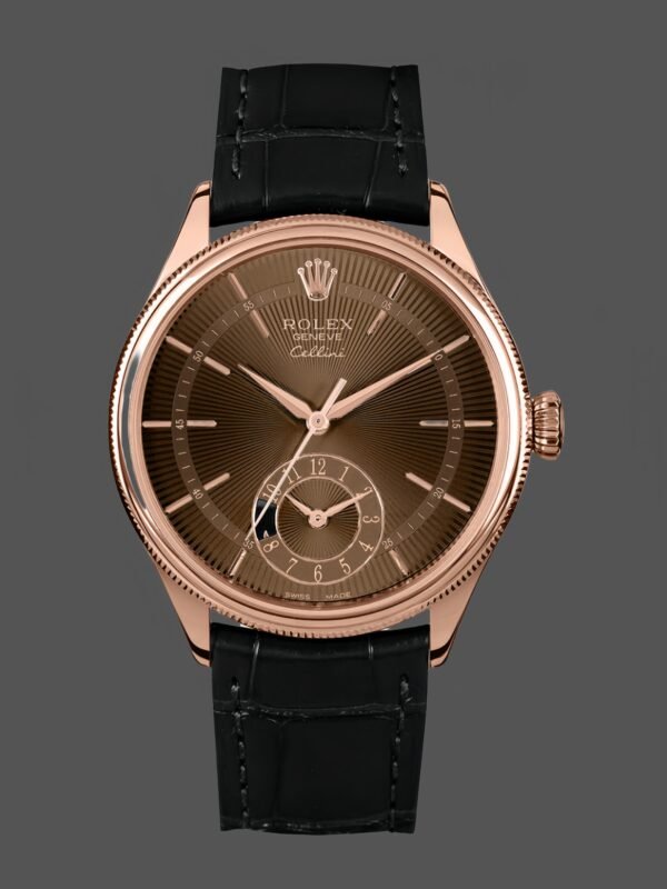 Rolex Cellini Dual Time 50525 Brown Guilloche Dial Black Leather Strap 39mm Mens Replica Watch - Image 1