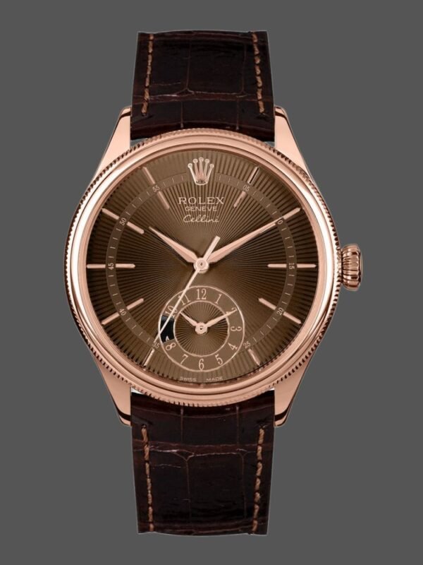 Rolex Cellini Dual Time 50525 Brown Guilloche Dial Brown Leather Strap 39mm Mens Replica Watch - Image 1