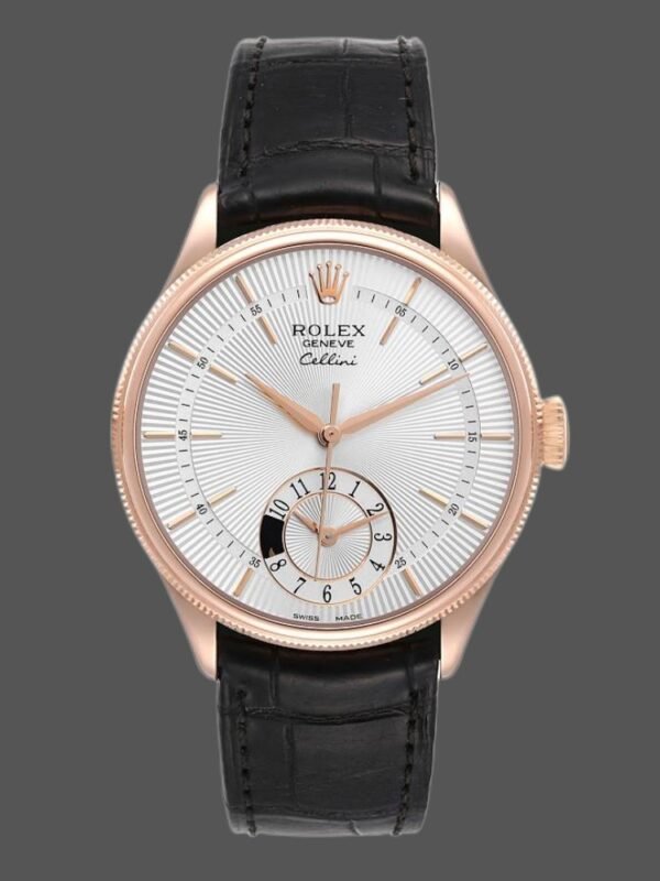 Rolex Cellini Dual Time 50525 Silver Dial Black Leather Strap 39mm Mens Replica Watch - Image 1