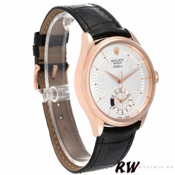 Rolex Cellini Dual Time 50525 Silver Dial Black Leather Strap 39mm Mens Replica Watch - Image 2