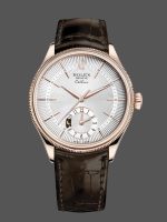 Rolex Cellini Dual Time 50525 Silver Dial Brown Leather Strap 39mm Mens Replica Watch