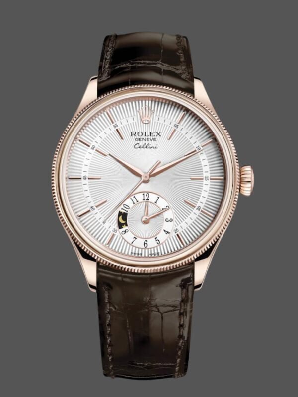 Rolex Cellini Dual Time 50525 Silver Dial Brown Leather Strap 39mm Mens Replica Watch - Image 1