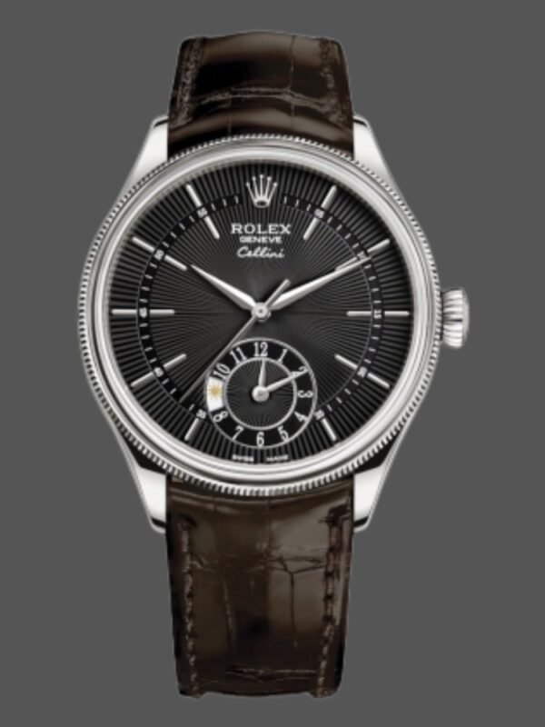 Rolex Cellini Dual Time 50529 Black Dial Brown Leather Strap 39mm Mens Replica Watch - Image 1