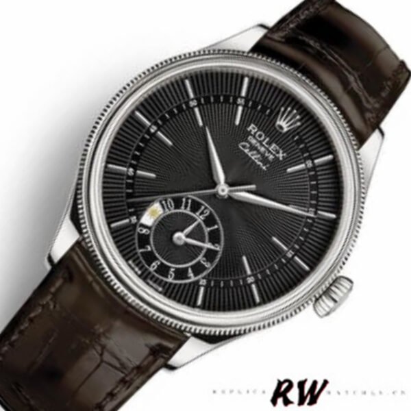 Rolex Cellini Dual Time 50529 Black Dial Brown Leather Strap 39mm Mens Replica Watch - Image 4