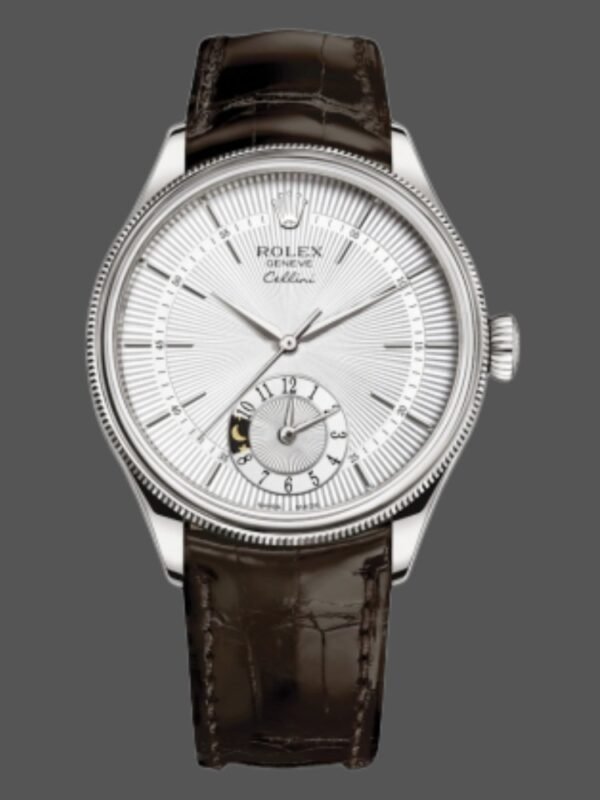 Rolex Cellini Dual Time 50529 Silver Dial Brown Strap 39mm Mens Replica Watch - Image 1