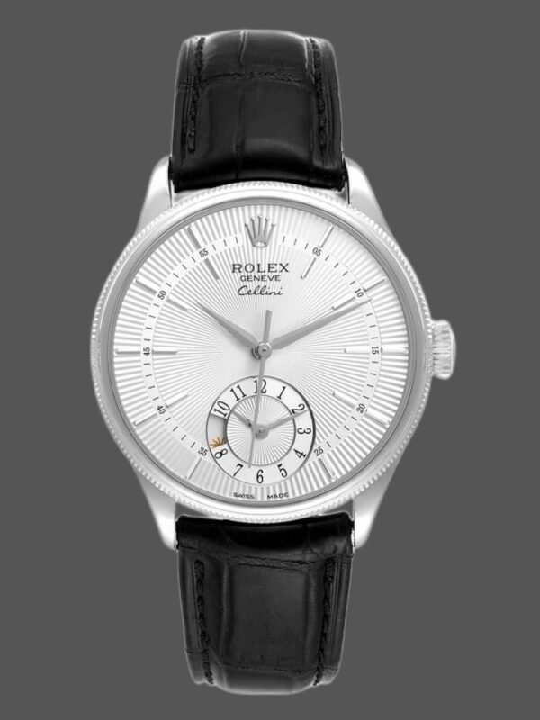 Rolex Cellini Dual Time 50529 Silver Sunburst Dial Black Leather Strap 39mm Mens Replica Watch - Image 1