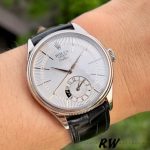 Rolex Cellini Dual Time 50529 Silver Sunburst Dial Black Leather Strap 39mm Mens Replica Watch - Image 3