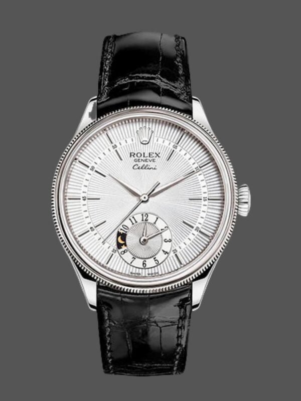 Rolex Cellini Dual Time 50529 Silver Sunburst Dial Brown Leather Strap 39mm Mens Replica Watch - Image 1