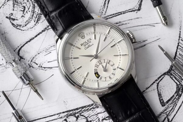 Rolex Cellini Dual Time 50529 Silver Sunburst Dial Brown Leather Strap 39mm Mens Replica Watch - Image 2