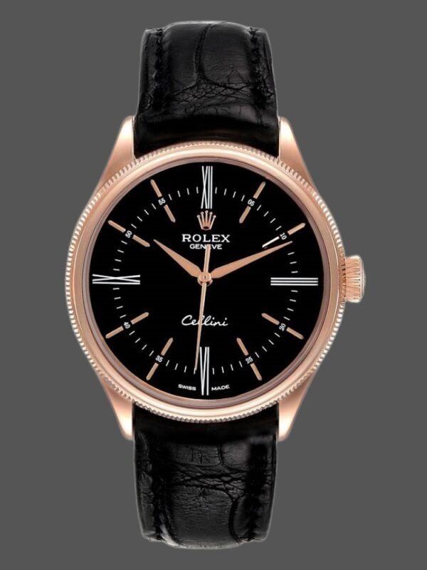 Rolex Cellini Time 50505 Black Leather Strap Black Dial 39mm Mens Replica Watch - Image 1